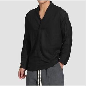 Kidoriman Linen Shinu Drop V Shirt Mens 4XL Black Minimalist Japanese Streetwear